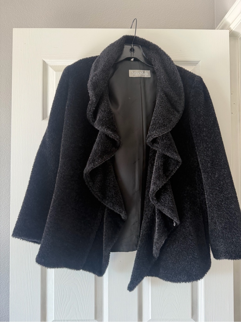 MaxMara Black Teddy Faux-Shearling Ruffle Front Jacket